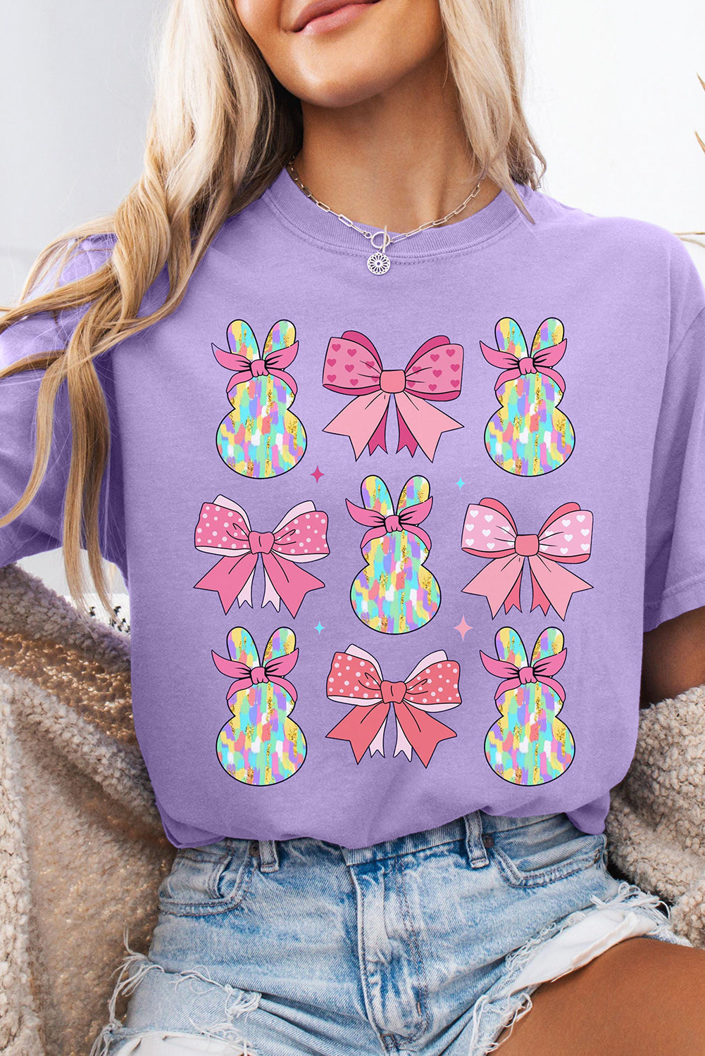 Wisteria Dotty Bowknot Bunny Graphic Easter T-Shirt