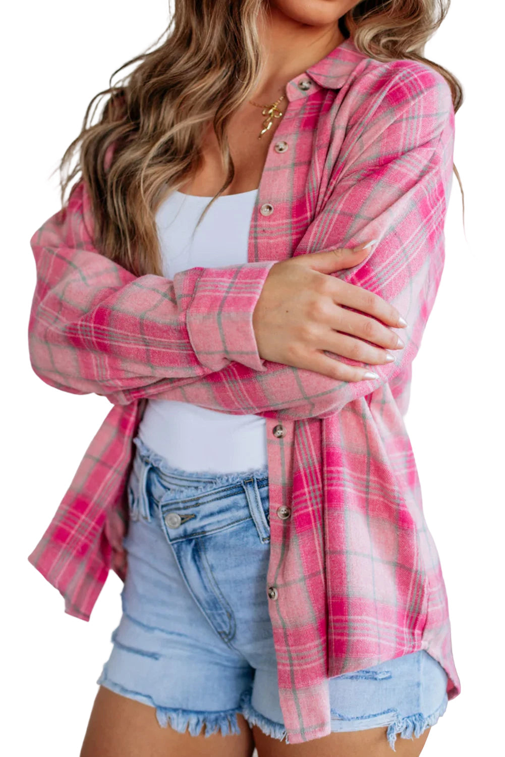 Sachet Pink Plaid Rounded Hem Long Sleeve Shirt