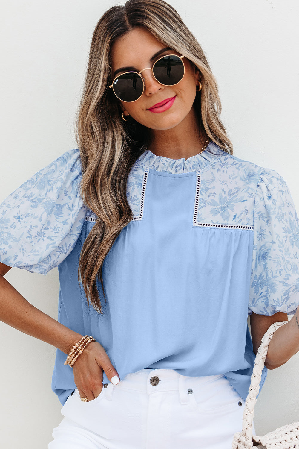 Saanvi Lace Floral Puff Sleeve Loose Blouse