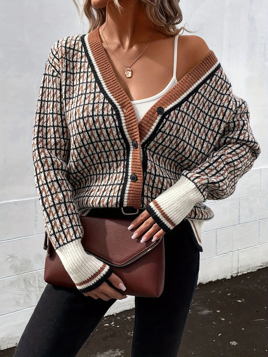Women's Plaid V-Neck Button Up Knit Cardigan - Image 3