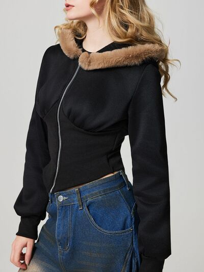 Black Fuzzy Hem Hooded Zip-Up Track Jacket with Long Sleeves