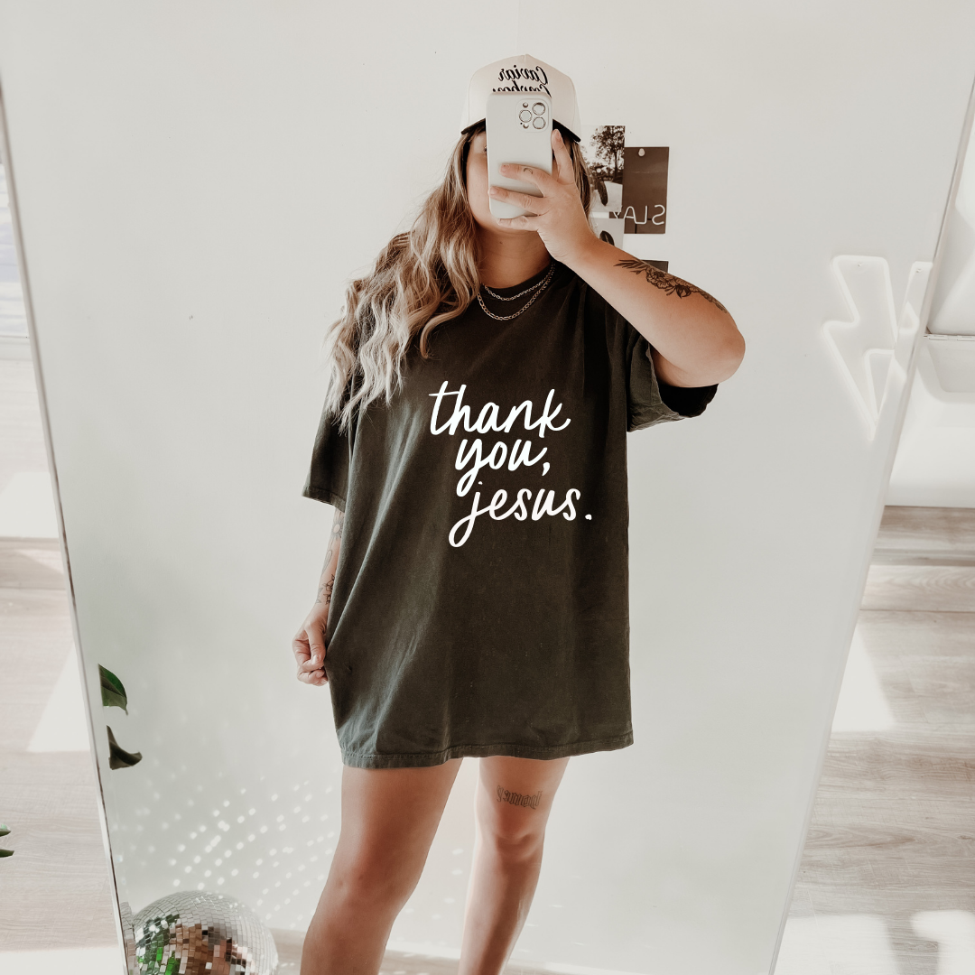 Minimalist Thank You Jesus graphic t-shirt for women, available in black and white.
