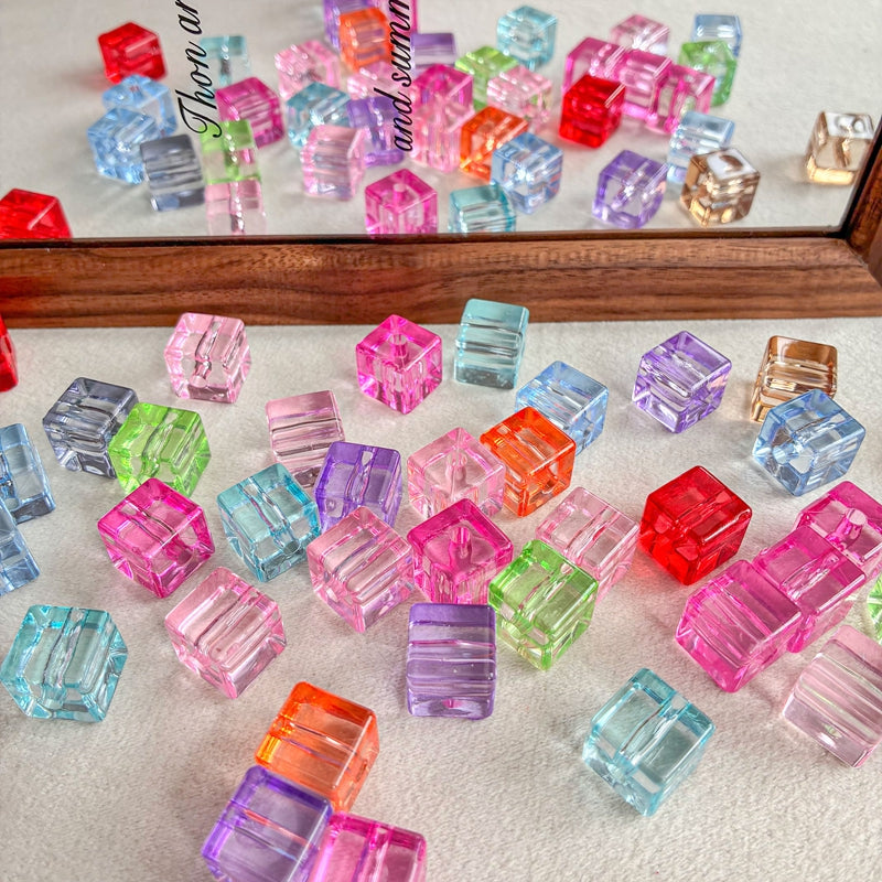 Flat Clear Acrylic Cube Beads, Framed Jelly Square Charms With Vertical Hole For DIY Jewelry Making, Bracelets, Necklaces & Keychains, Mixed Candy Colors