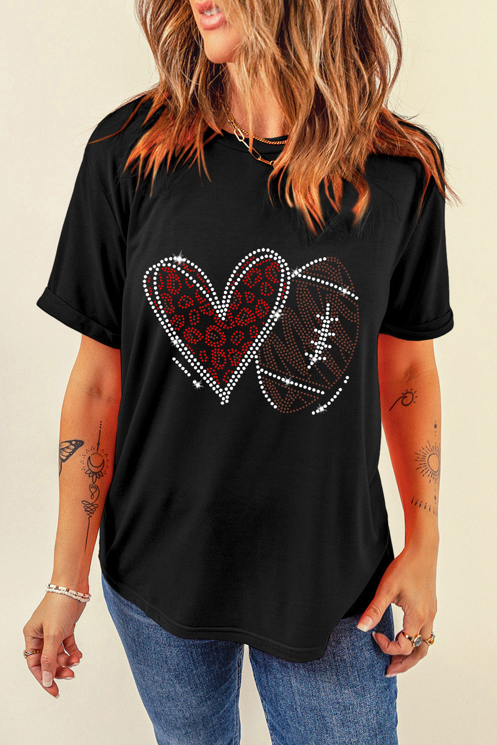 Black Rhinestone Heart Rugby Graphic Crewneck T-Shirt