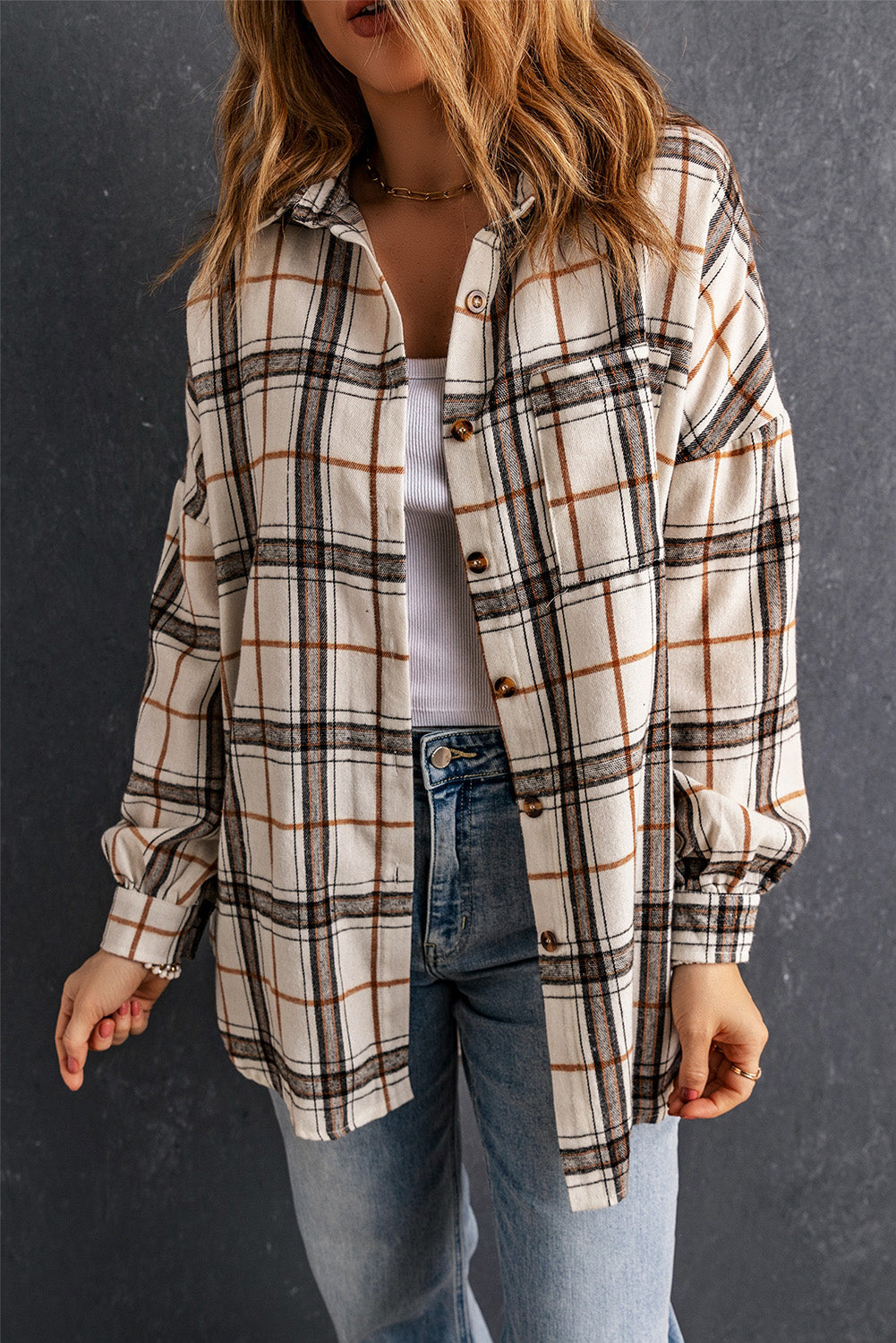 Women's Plaid Oversized Side Slit Shacket in Off-White, Brown, Black