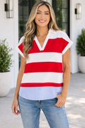 Faith Dolman Short Sleeve Top in red and white stripes with a classic collar