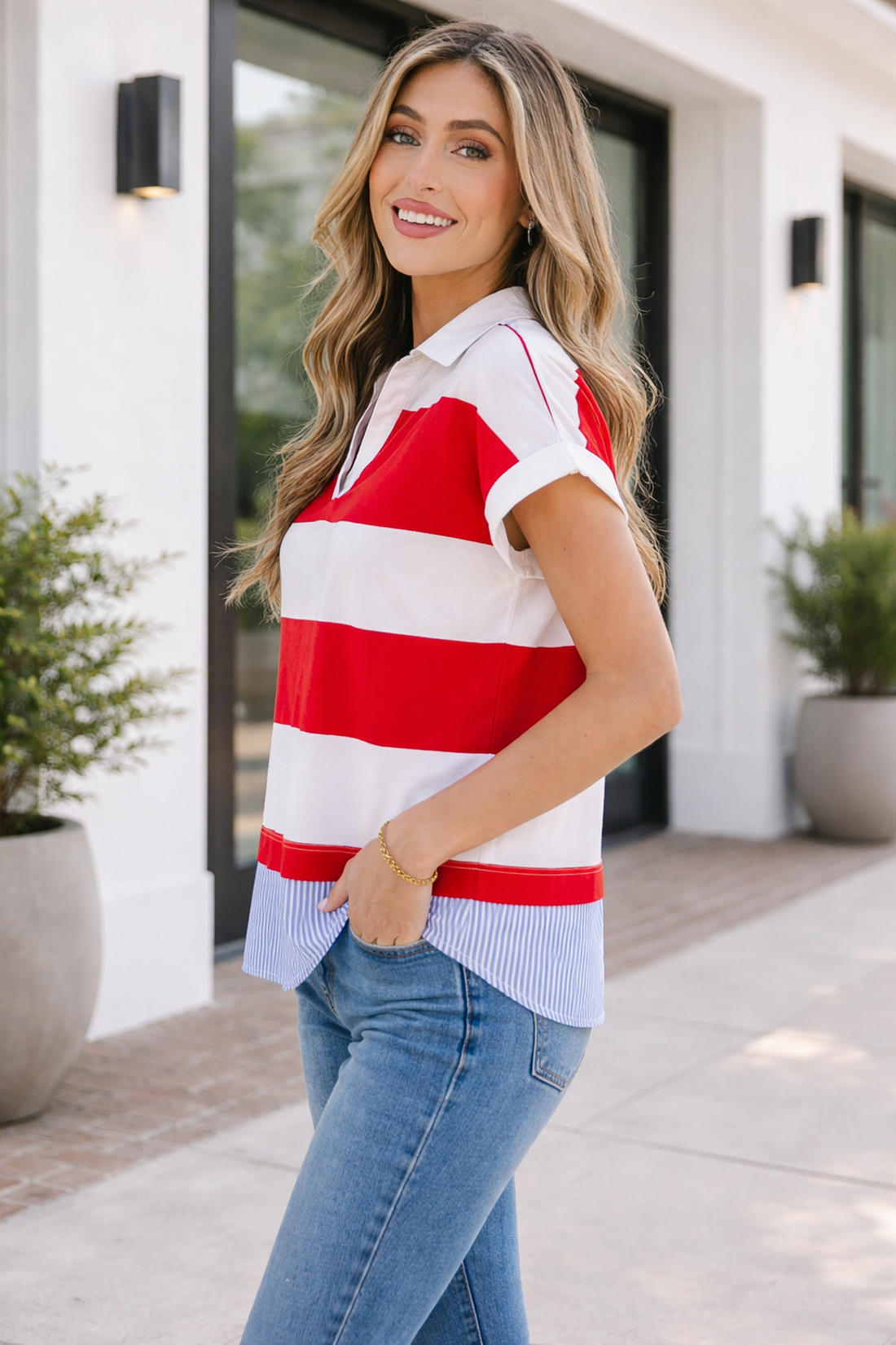 Faith Dolman Short Sleeve Top in Red and White Stripe