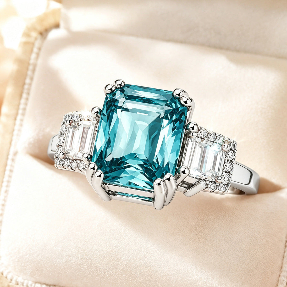 Copper Inlaid Simulated Sea Blue Zircon Ring For Women, Elegant Fashion Wedding Engagement Statement Ring