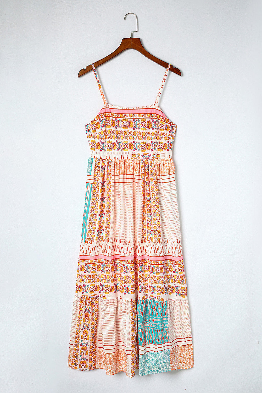 Multicolor Boho Patchwork Square Neck A-Line Maxi Sundress