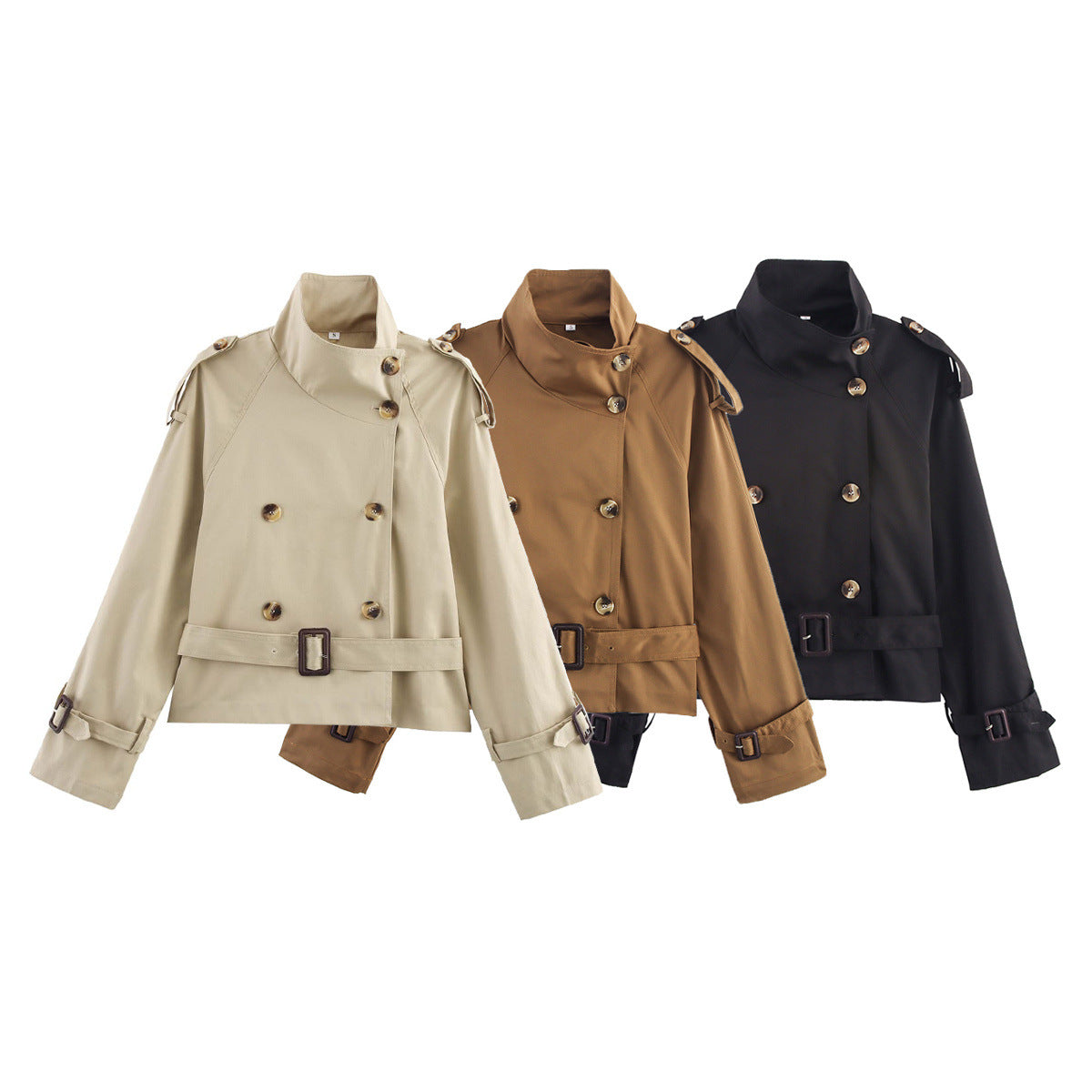 Women's Short Trench Coat with Notch Collar and Belt Buckle - Image 2