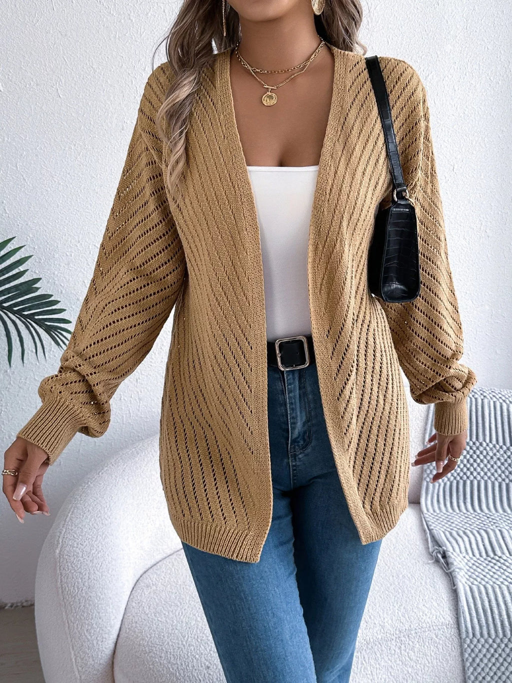 Openwork Open-Front Long Sleeve Cardigan