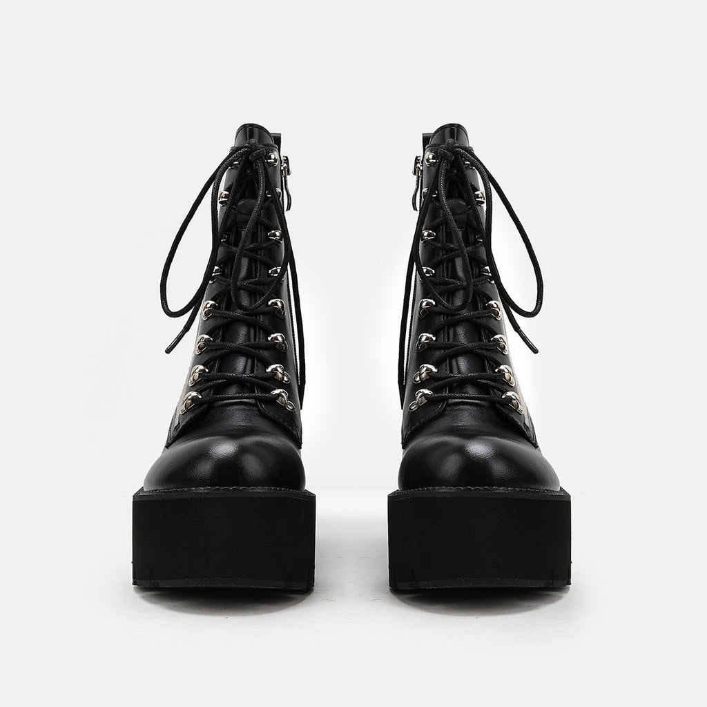 Women's Black Platform Spiderweb Lace-Up Combat Boots - Image 5