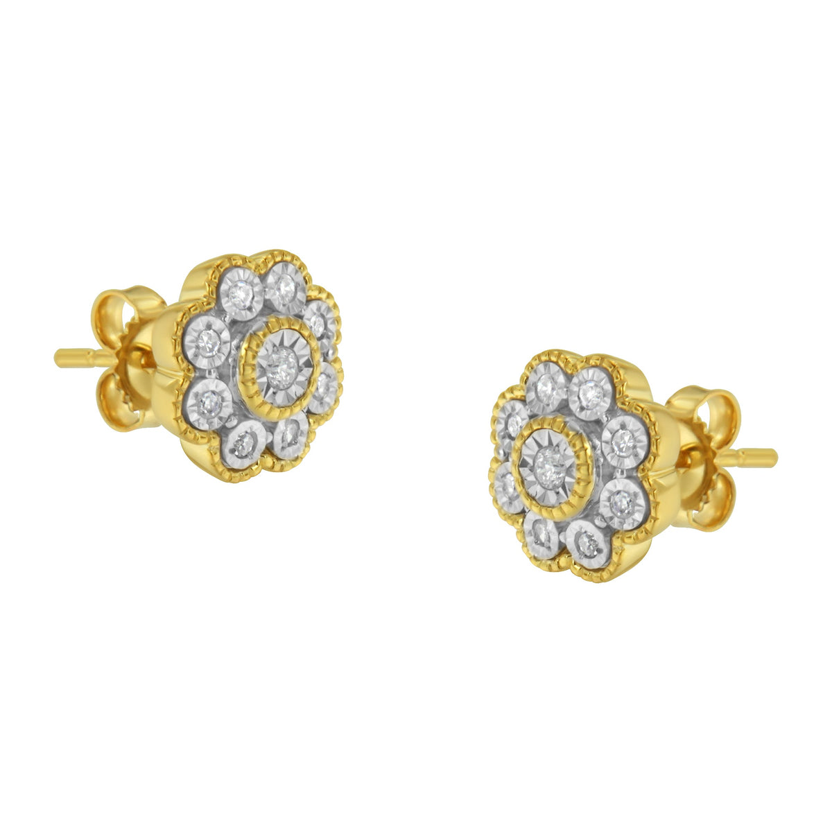 14K Yellow Gold Plated .925 Sterling Silver 1/6 Cttw Miracle-Plate Set Diamond Floral Stud Earrings (I-J Color, I2-I3 Clarity)