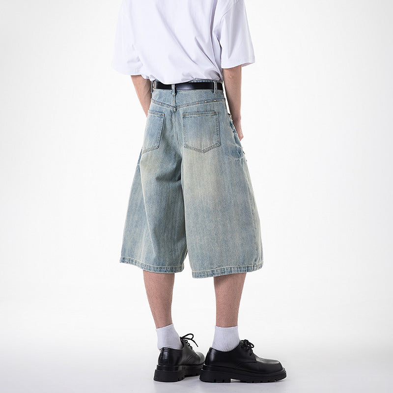 Harajuku Wide Leg Cropped Denim Jeans in Light & Dark Blue - Image 5