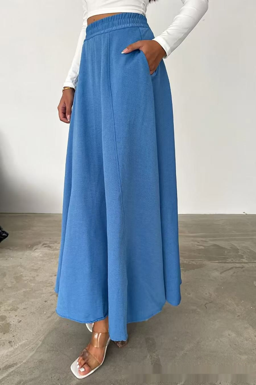 Women's A-Line Long Dress in Rose Red, Blue, and Khaki