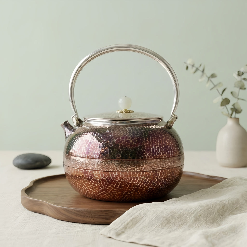 Pure 999 Fine Silver Exquisite Hammered Metallic Teapot with High Arched Handle and Decorative Accents - Handicraft