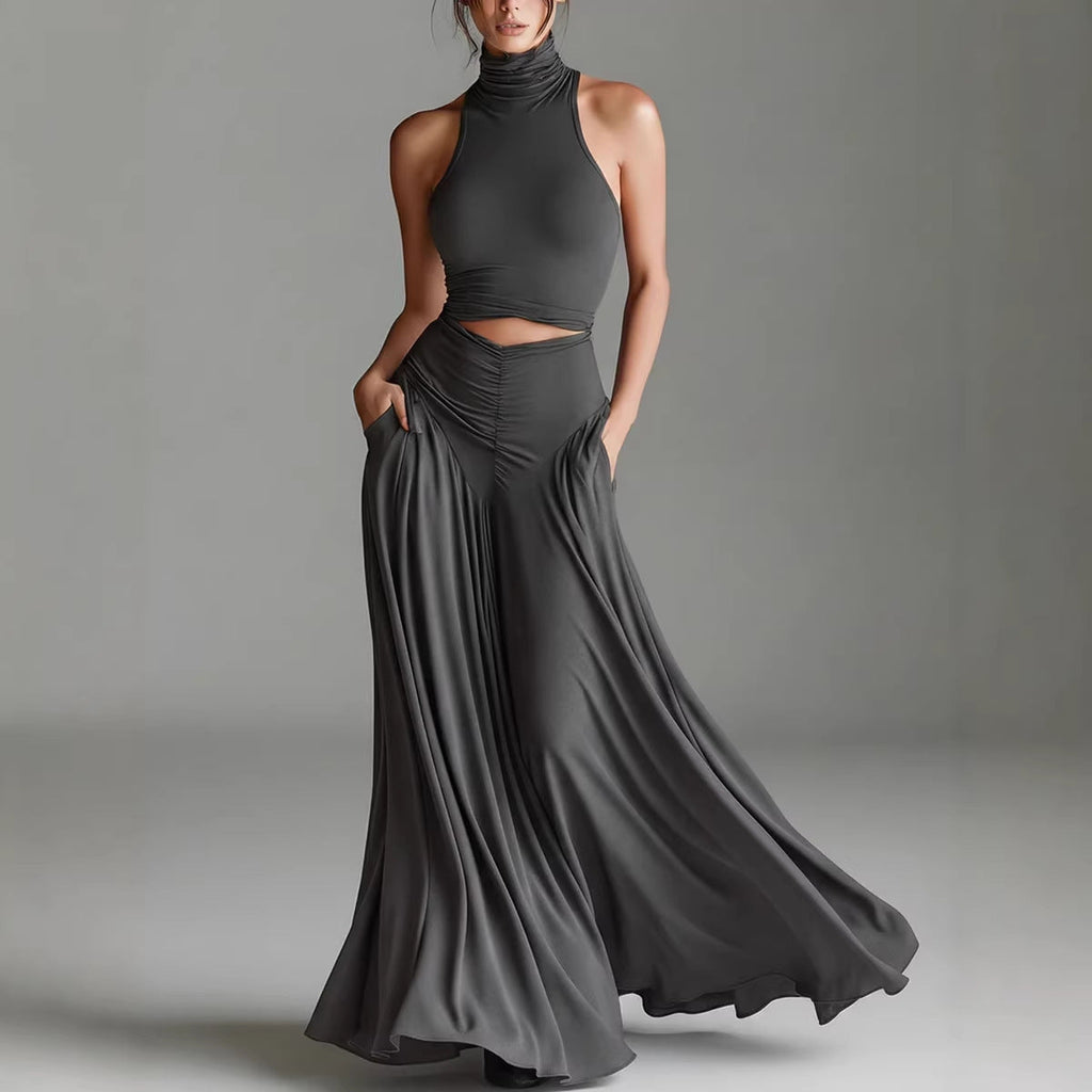 Minimalist two-piece set featuring a charcoal grey sleeveless high-neck top and a long matching A-line knit dress