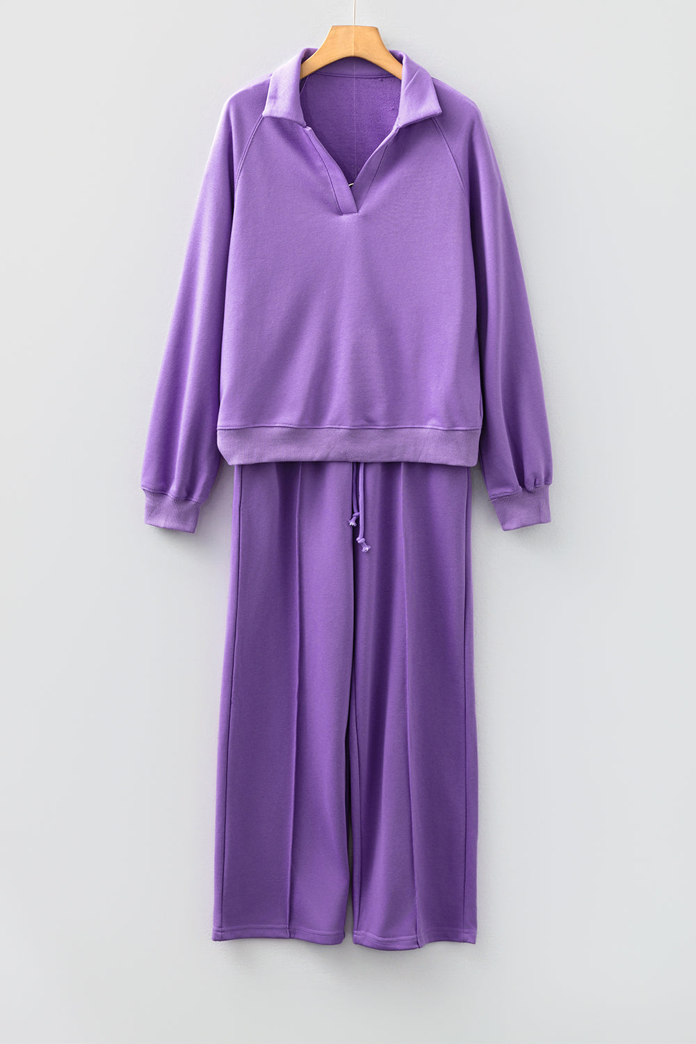 Women's Solid Collared Top and Central Seam Pants Loungewear Set