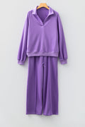 Women's Solid Collared Top and Central Seam Pants Loungewear Set