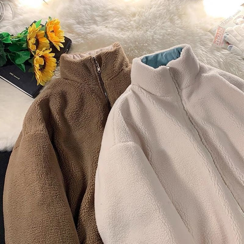 Women's Harajuku Corduroy Lamb Wool Puffer Coat for Winter