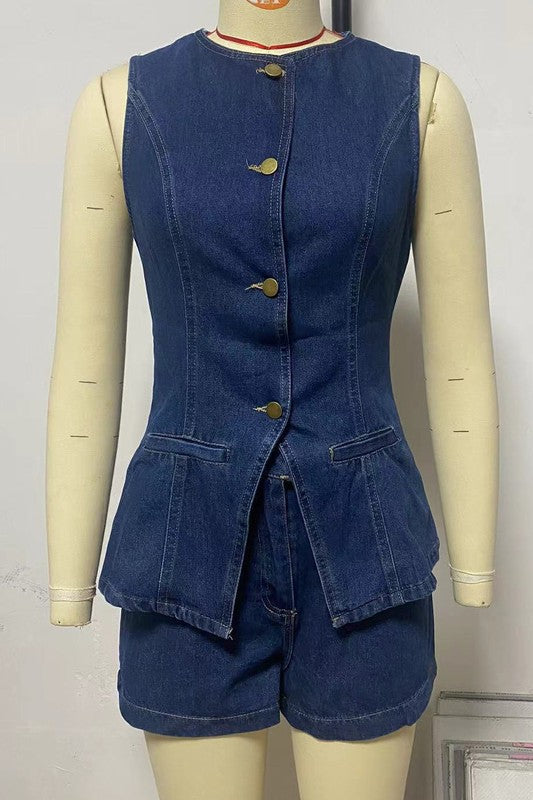 Women's Denim Two-Piece Set Stylish Matching Co-Ord Outfit