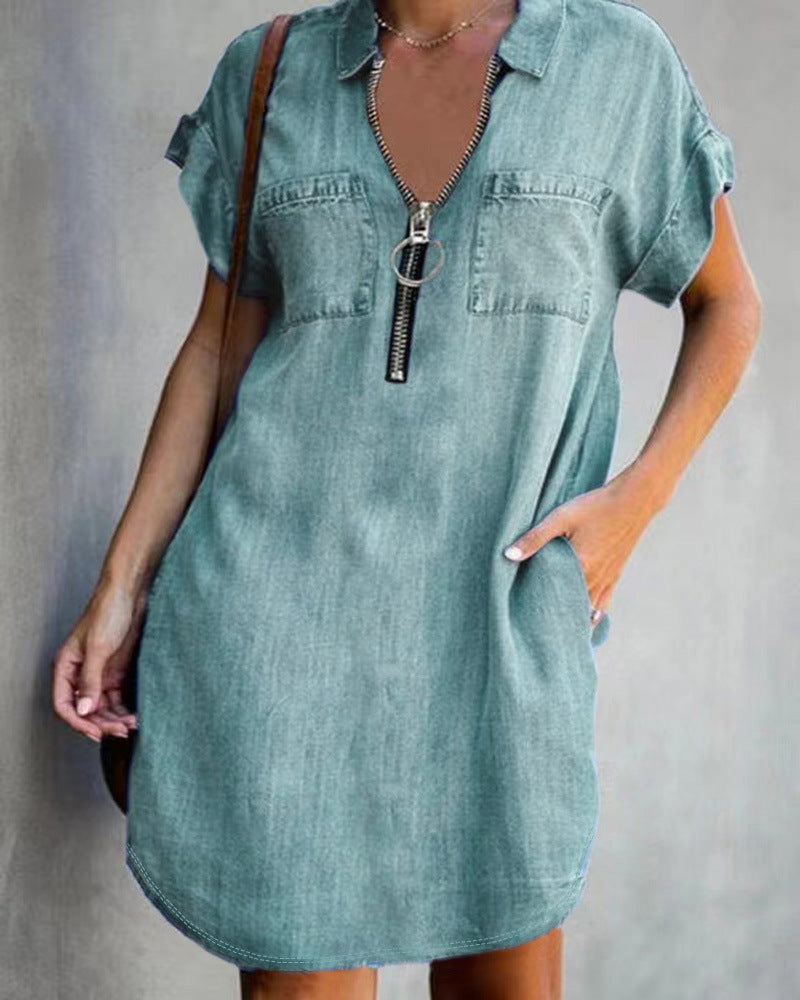 Lapel Short Sleeve Loose Denim Shirt Dress - Casual Street Fashion