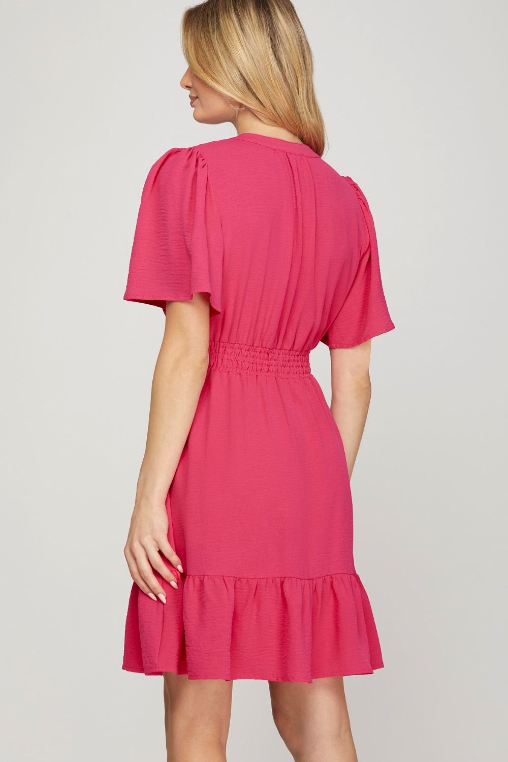 Ruffled Hem Mini Dress with Notched Flutter Sleeves