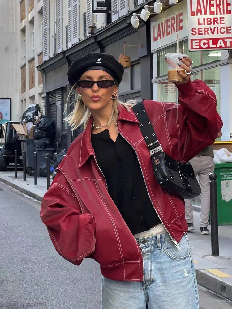 Women's Oversized Red Faux Leather Harajuku Bomber Jacket - Image 3