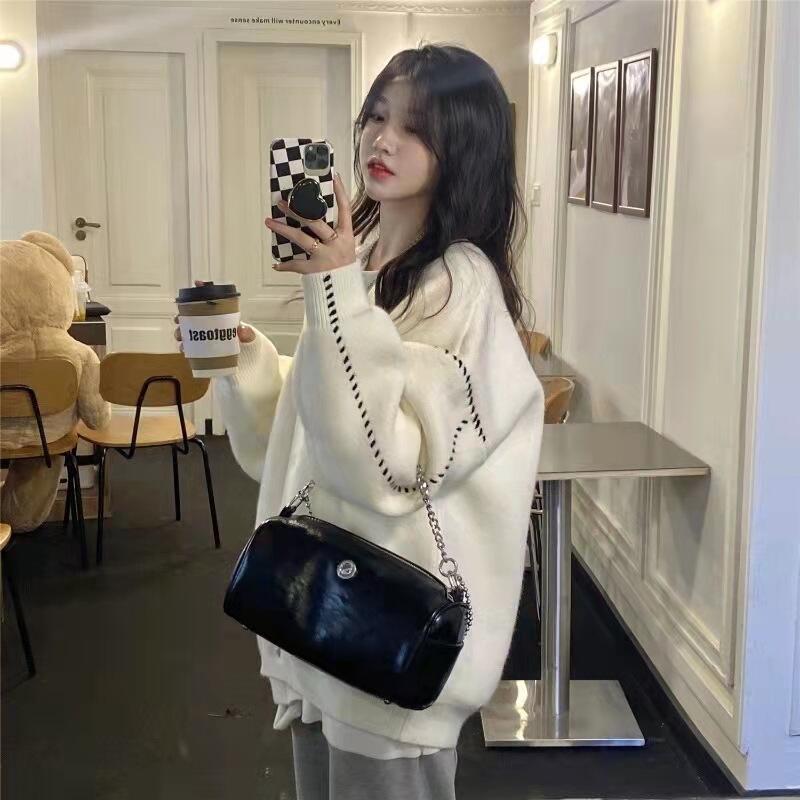 Women's V-Neck Loose Knit Cardigan with Contrast Stitching - Image 3