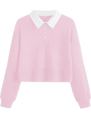 Women's Black Collared Half Button Polo Crop Sweatshirt - Image 31