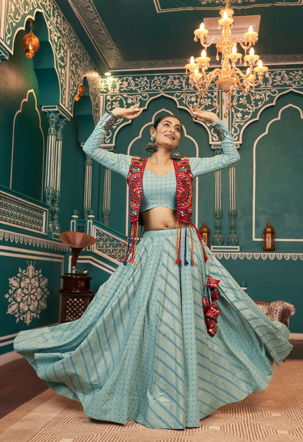 Pista green viscose rayon lehenga choli with elegant festive design