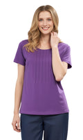 Women's Short Sleeve Pintuck Scoop Neck 100% Cotton Knit T-Shirt