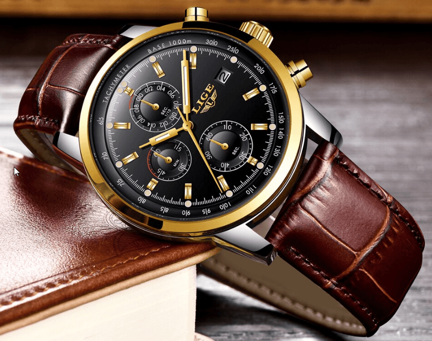 Waterproof Men's Quartz Watch with Chronometers and Brown Strap
