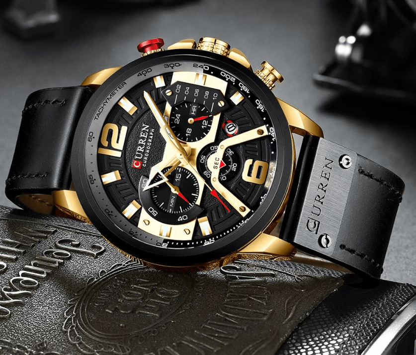 Men's Waterproof Sports Chronograph Watch with Leather Strap