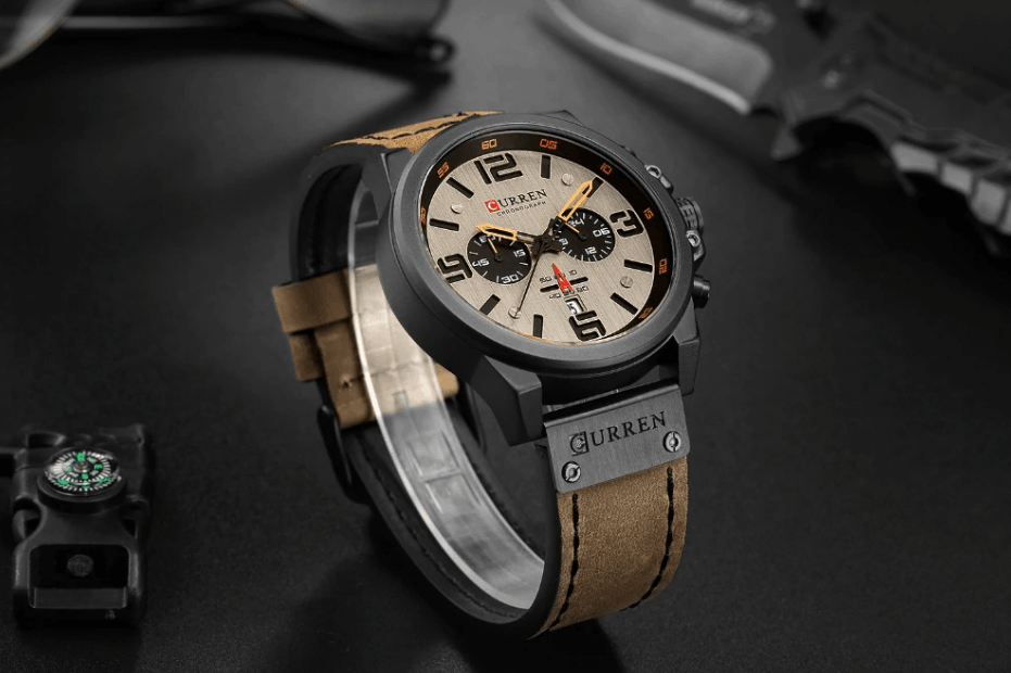Retro Waterproof Chronograph Watch with Leather Strap & Steel Case