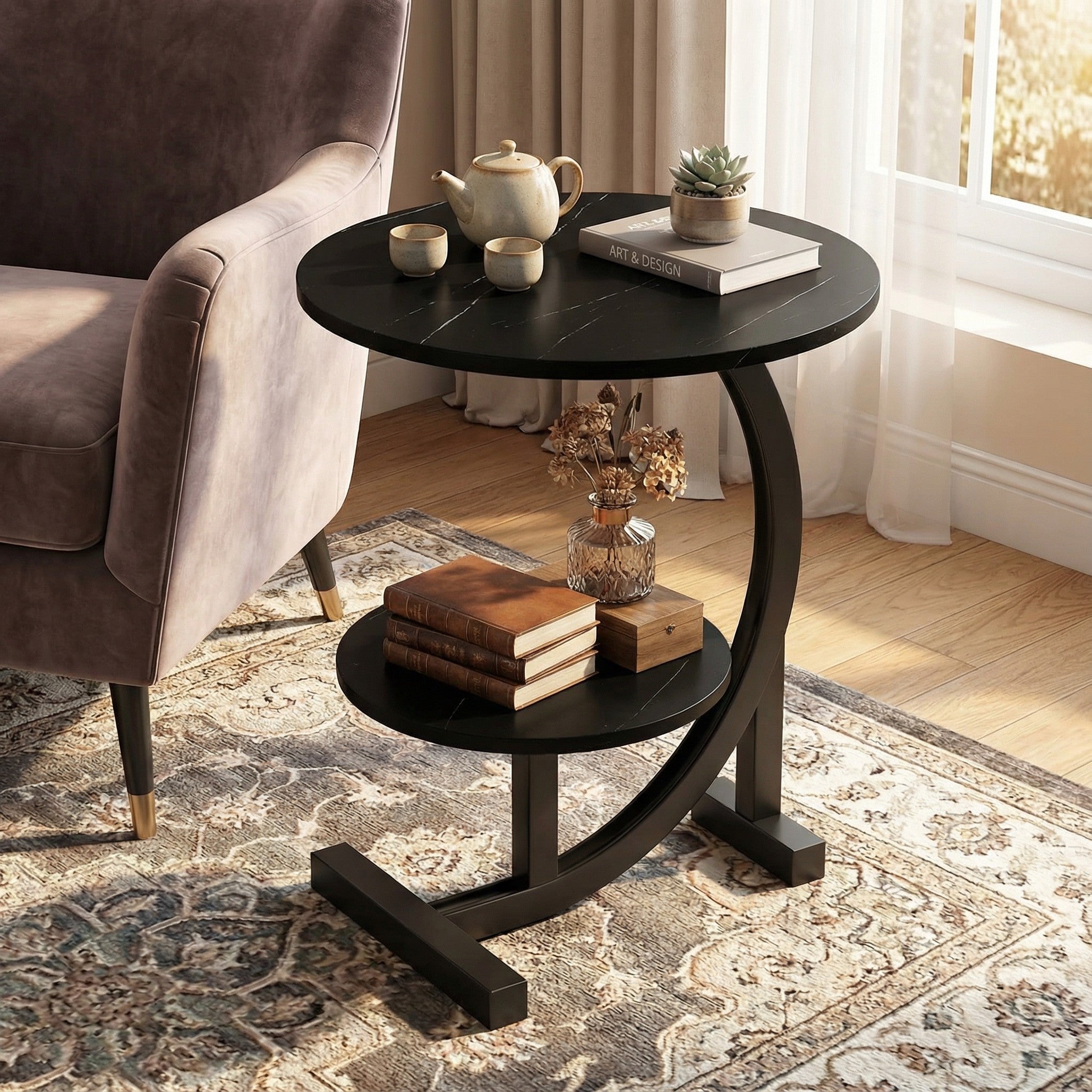 Modern round side table with a black wrought iron base and waterproof surface next to a sofa.