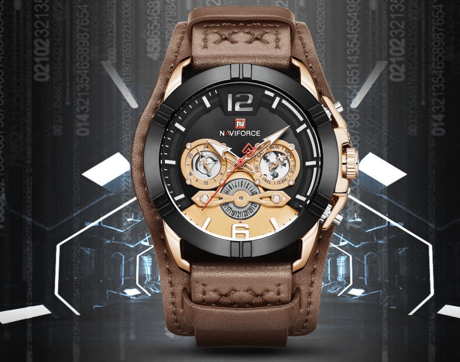 Men's Waterproof Chronograph Watch with Leather Strap & Dial Window