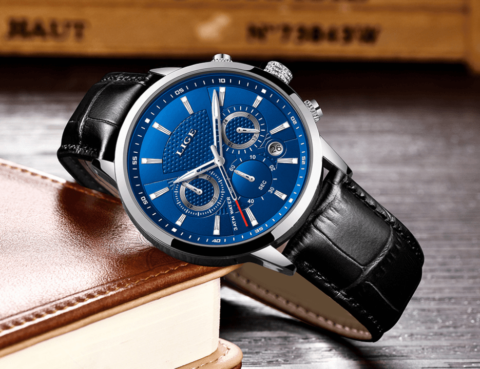Men's Waterproof Chronograph Sport Watch with Leather Strap