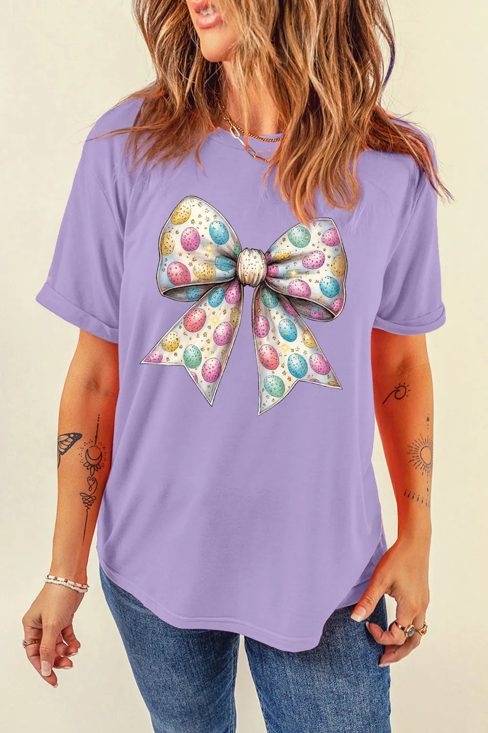 Lavender Bow Graphic Crew Neck Relaxed Fit T-Shirt