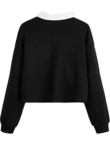 Women's Black Collared Half Button Polo Crop Sweatshirt - Image 2