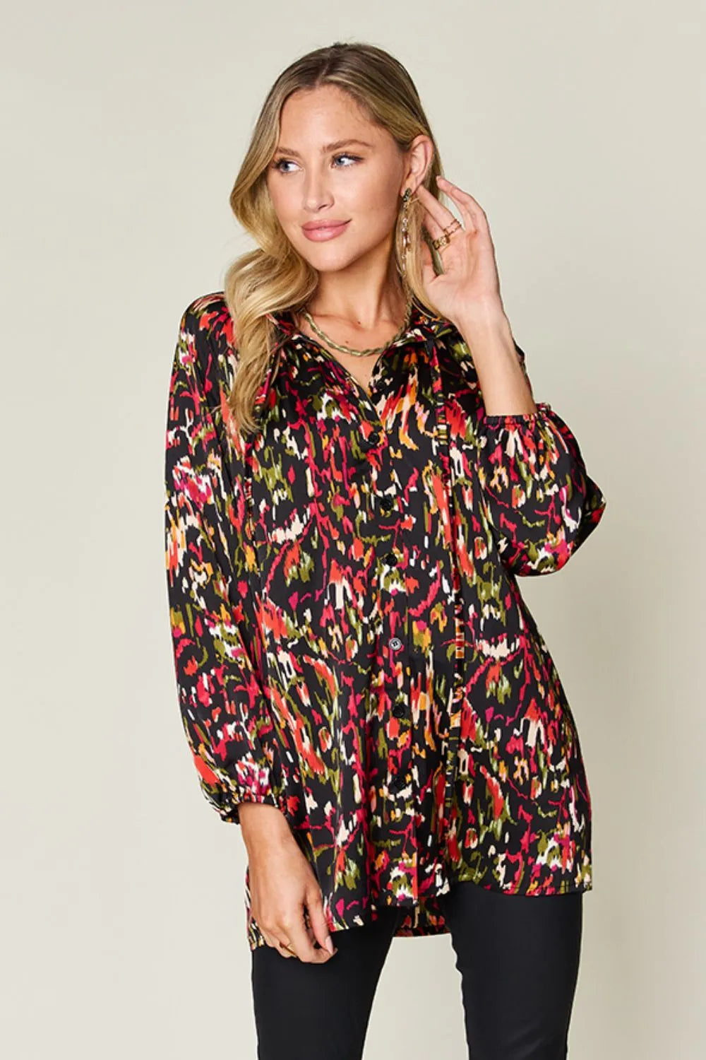 Printed Button Up Long Sleeve Shirt | Satin Bohemian Blouse
