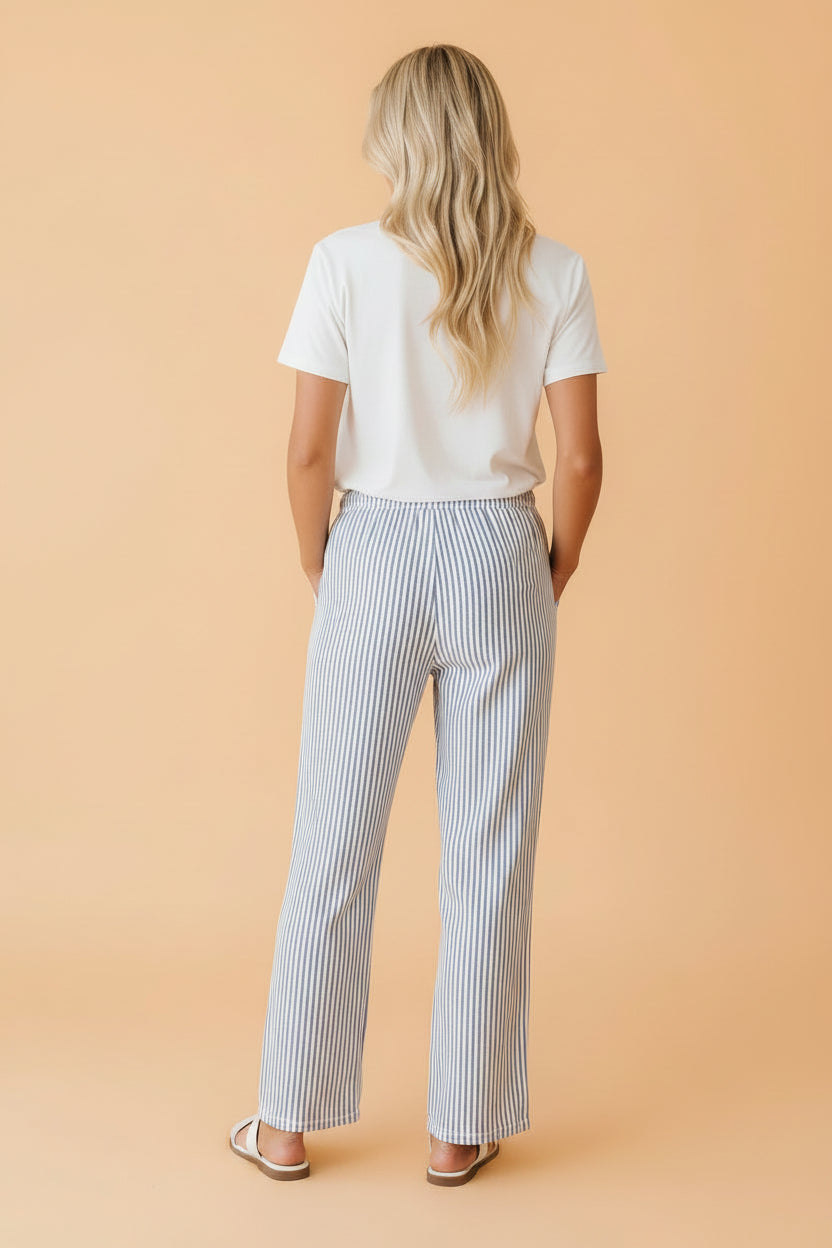 Women's Stripe Drawstring Wide Leg Linen Pants, Blue & White