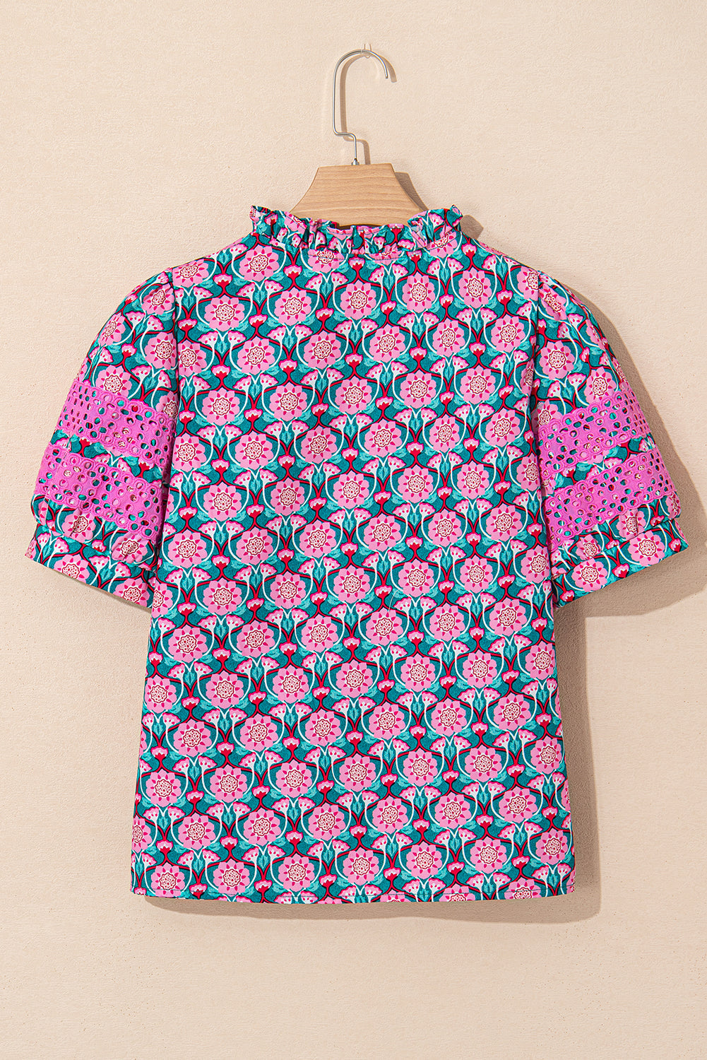 Floral Abstract V-Neck Puff Sleeve Top in Sachet Pink