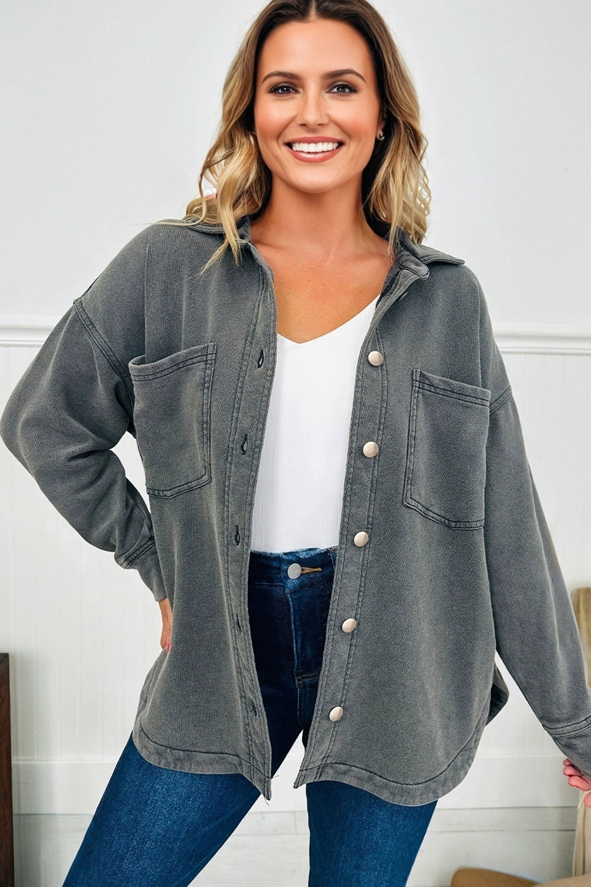Mineral Wash Chest Pocket Drop Shoulder Shacket