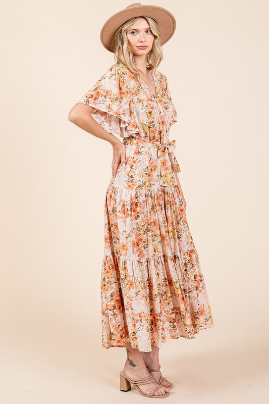 Floral Tie Waist Flutter Sleeve Tiered Dress