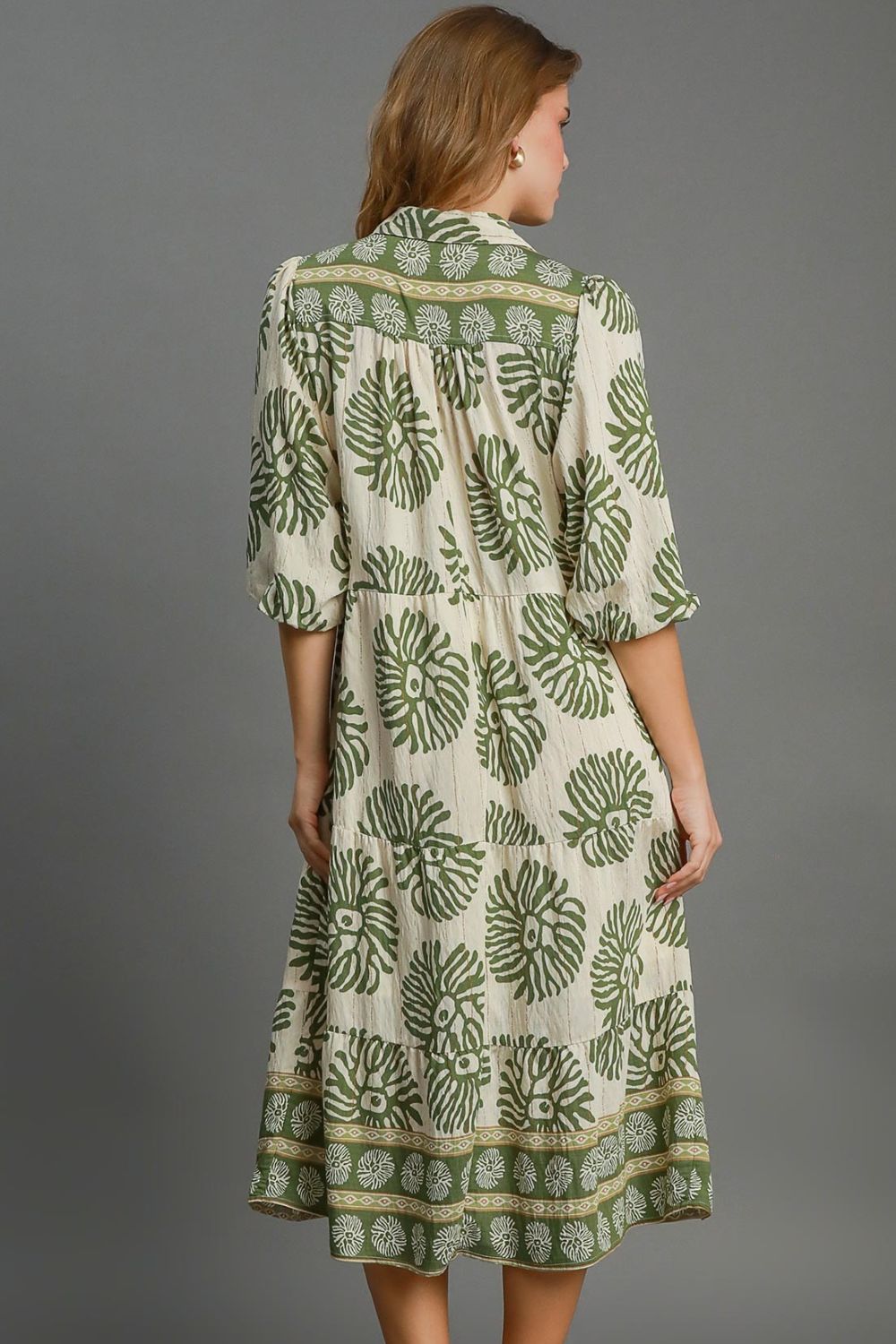 Boho Chic Matcha Green Floral Midi Dress in Cotton