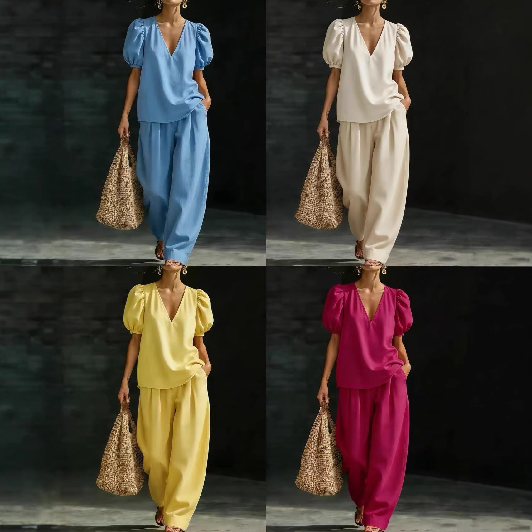 A woman wearing a matching two-piece set featuring a V-neck top with puff sleeves and wide-leg trousers in a solid color.