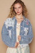 Stevvex bohemian jacket featuring delicate crochet patches and embroidery with a button-up front closure.