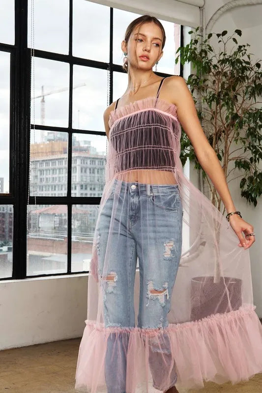 Ruffled Mesh Beach Cover-Up Dress in Pink