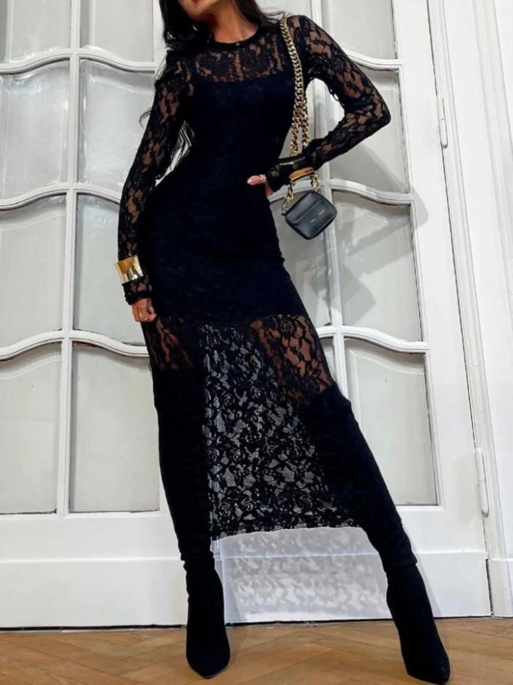 Lace Round Neck Long Sleeve Midi Dress in Black